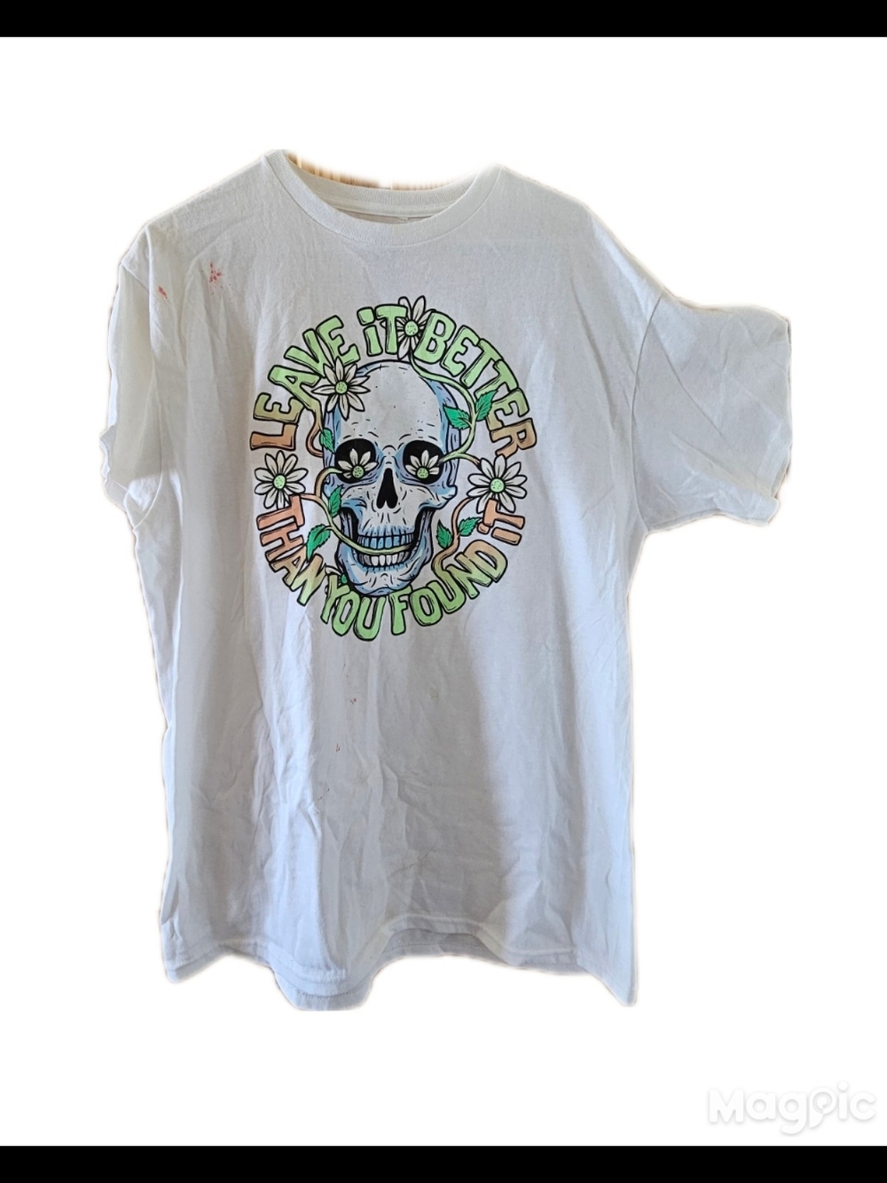 White Graphic Tee with Skull & Daisy Design
